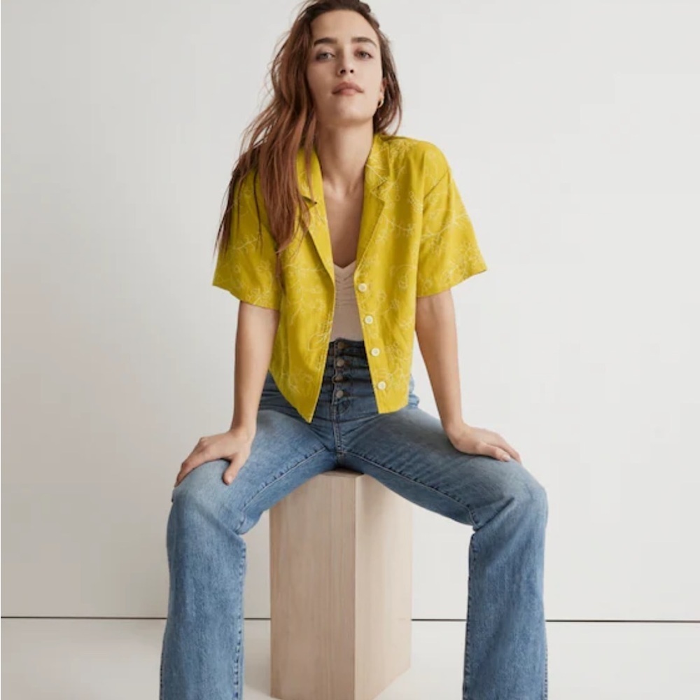 Madewell Women’s Embroidered Linen-Blend Resort Crop Shirt Chartreuse Size‎ XXS